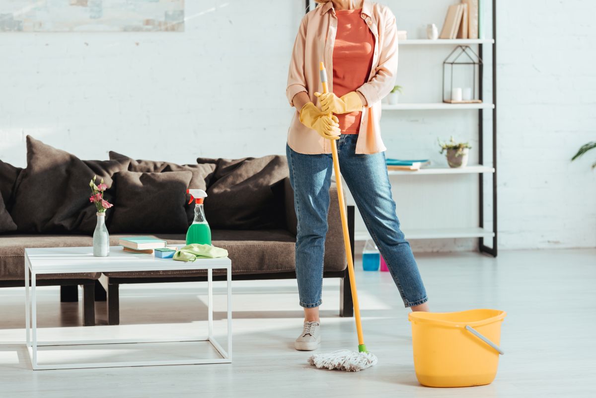 Cropped view of woman cleaning house with mop and bucket